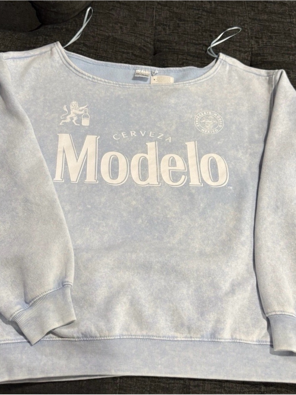 Modelo co. Off-the-Shoulder Pullover in Light Blue with White Logo